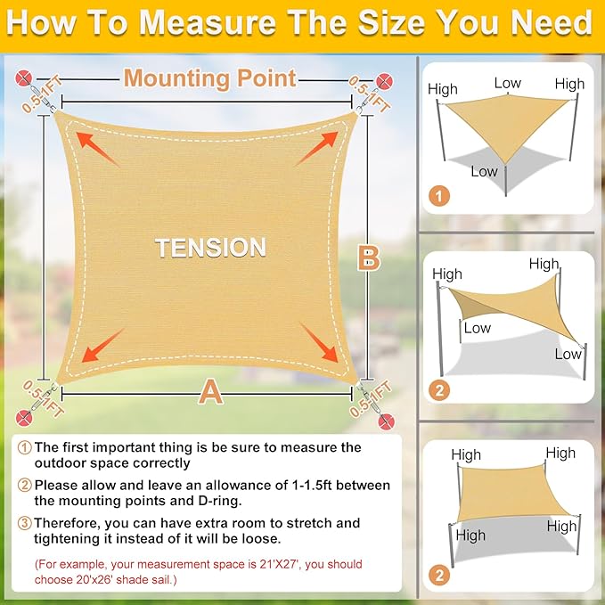 KANAGAWA Sun Shade Sail 16'x20' Sand Rectangle UV Block Canopy Awning Shelter - Image 2