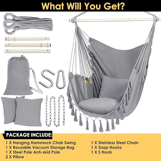 Y- STOP Hammock Chair Hanging Rope Swing, Max 500 Lbs, 2 Cushions Included - Image 6