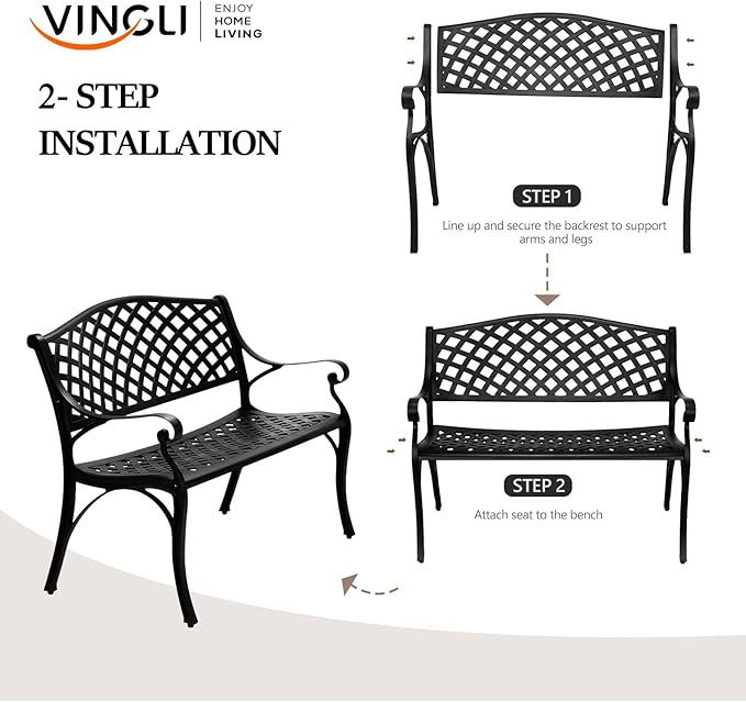 VINGLI 40.5" Patio Garden Bench, Anti- Rust Cast Iron Cast Aluminum Frame - Image 3