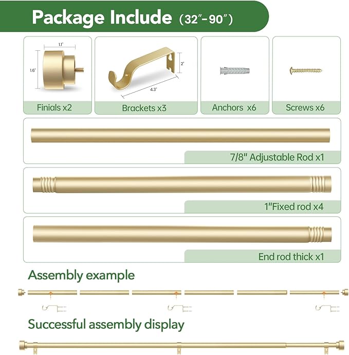 Curtain Rods for Windows 48 to 84, 1 Inch Adjustable Gold Heavy Duty Long - Image 6