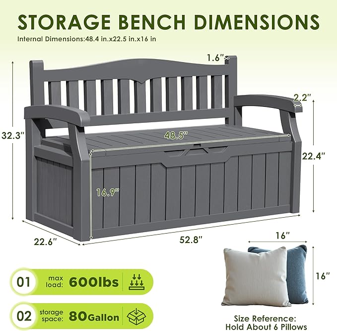 Greesum 80 Gallon Outdoor Storage Bench, Resin Patio Furniture - Image 3