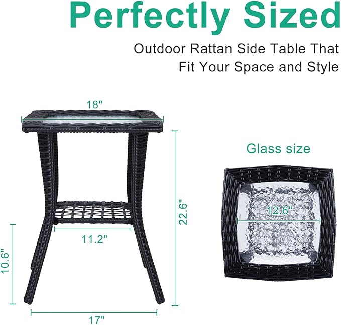 VINGLI Outdoor Side Table with Storage Wicker Patio Side Table, Tempered Glass - Image 3