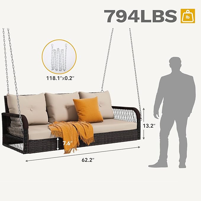 DWVO 3 Seats Porch Swing Hanging Bench Swing Outdoor Wicker Patio Swing Lounge - Image 6