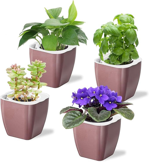 4 Pack Self Watering Pots 4-inch Decorative Flower Planters by Oliz