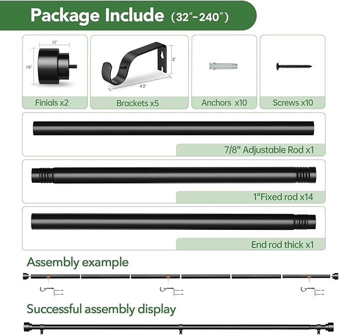 Time Forest Curtain Rods for Windows 32 to 240, 1 Inch Adjustable Black Heavy - Image 6