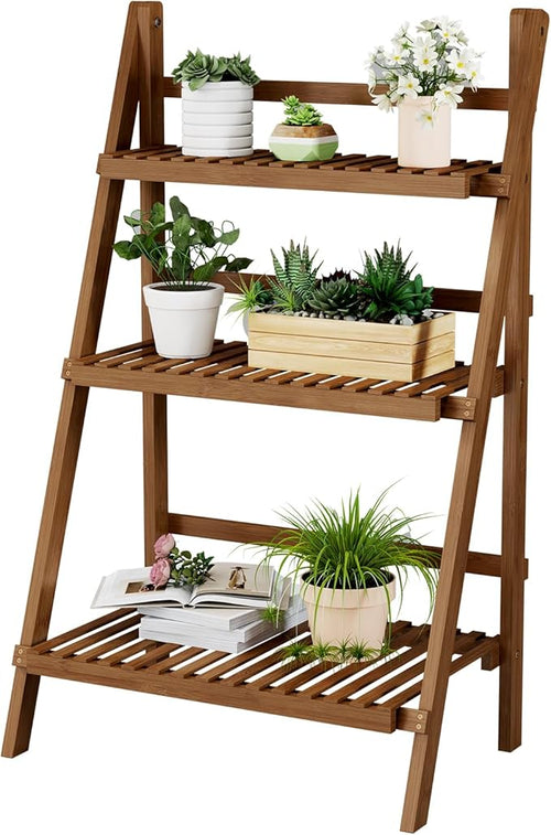 39.4" Bamboo Ladder Shelf Plant Shelf, 3 Tier Foldable Ladder Flower Pot by OAKVIVOElegantLifestyle