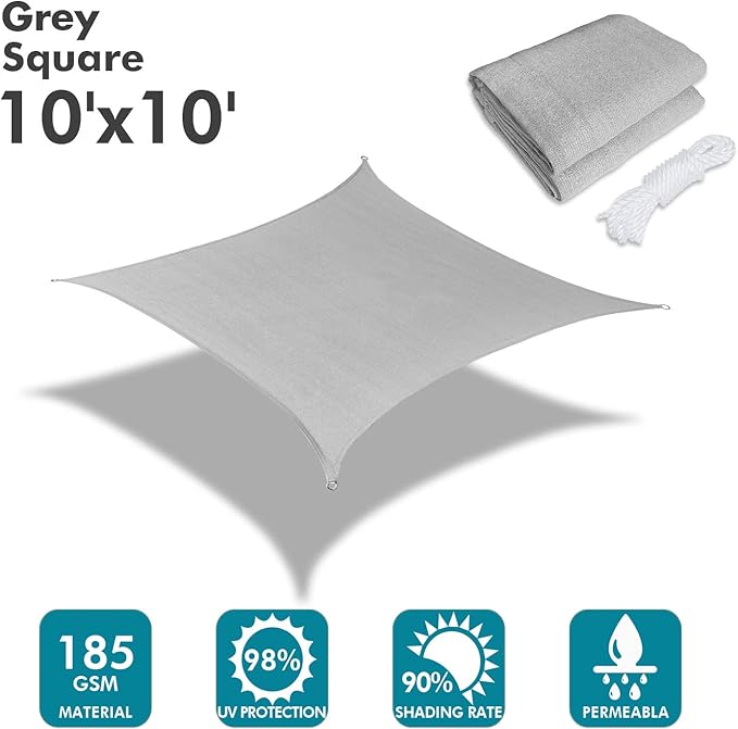 KANAGAWA Sun Shade Sail 10'x10' Gray Square UV Block Canopy Awning Shelter - Image 2