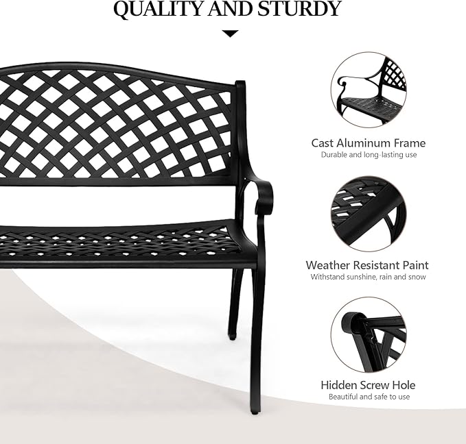 VINGLI 40.5" Patio Garden Bench, Anti- Rust Cast Iron Cast Aluminum Frame - Image 5
