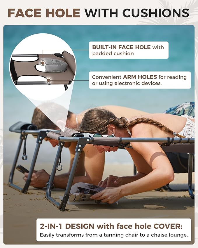 KingCamp Tanning Chair with Face Hole, Lounge Chairs Outdoor Folding Comfy - Image 4