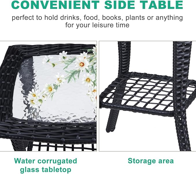 VINGLI Outdoor Side Table with Storage Wicker Patio Side Table, Tempered Glass - Image 5