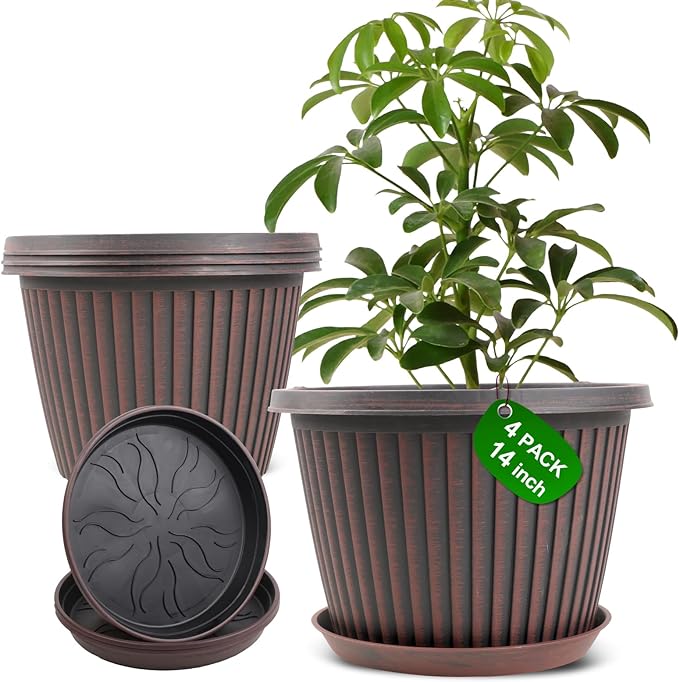 Large-Planter-Indoor-Outdoor Plant Pots, 14 inch 4 Pack Plastic Flower Pots by Myfeegoin