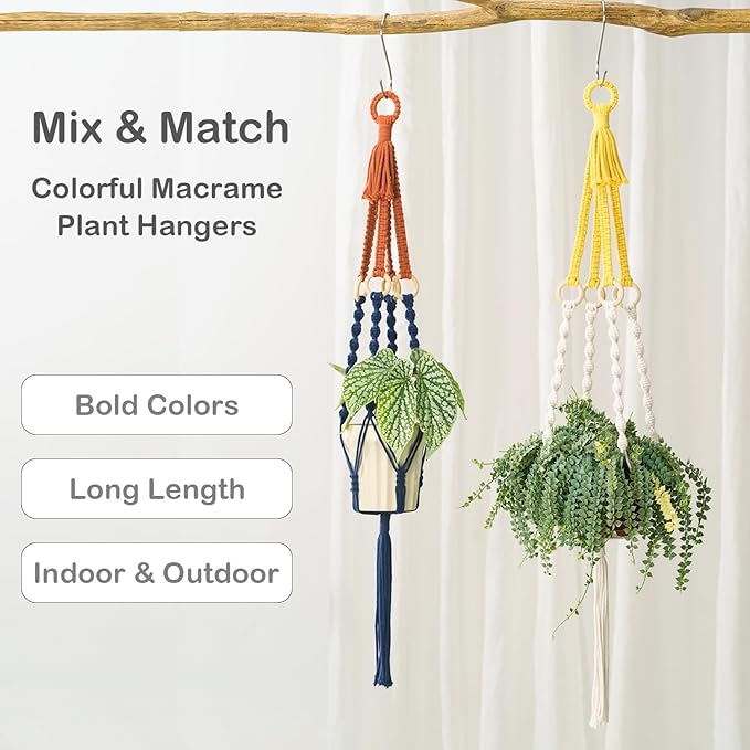 Large Macrame Plant Hangers Indoor & Outdoor Boho Two-Tone Colored Hanging - Image 2