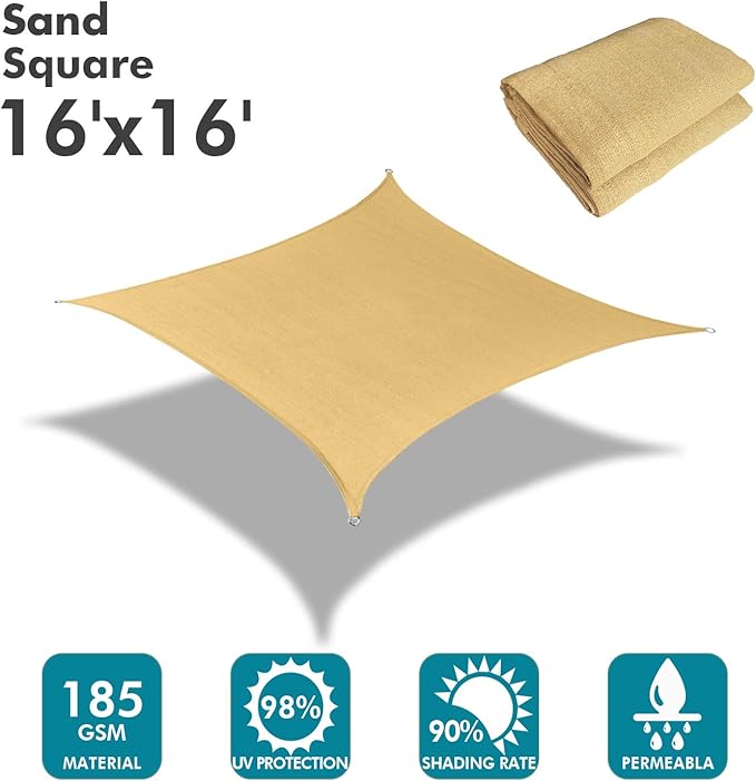 KANAGAWA Sun Shade Sail 16'x16' Sand Rectangle UV Block Canopy Awning Shelter - Image 2