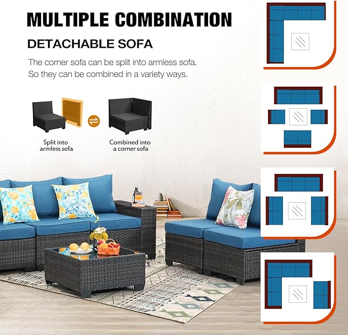 8 Pieces Patio Furniture Set All-Weather Outdoor Wicker Sectional Conversation - Image 6