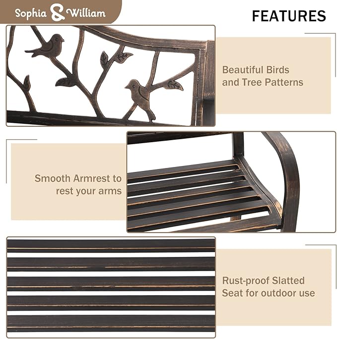 Sophia & William Outdoor Bench, Porch Bench, Garden Bench, Wrought Iron Bench - Image 4