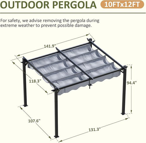 10'x12' Outdoor Pergola with Retractable Canopy, Patio Metal Heavy-Duty Gazebo - Image 2