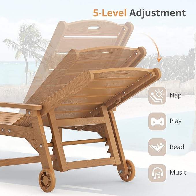 LUE BONA Outdoor Chaise Lounge, HDPS Chaise Lounger, 5 Positions Adjustable - Image 6