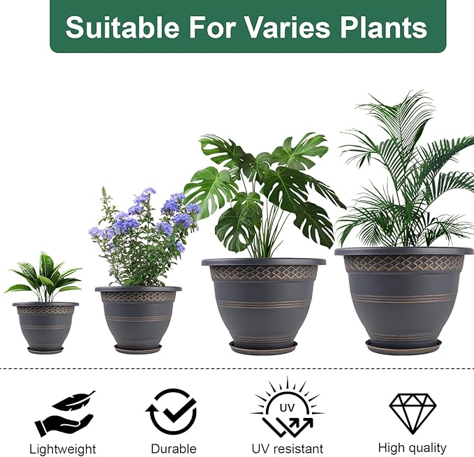 4 Pack 12 Inch Large Plant Pots, Plastic Flower Pot - Image 7