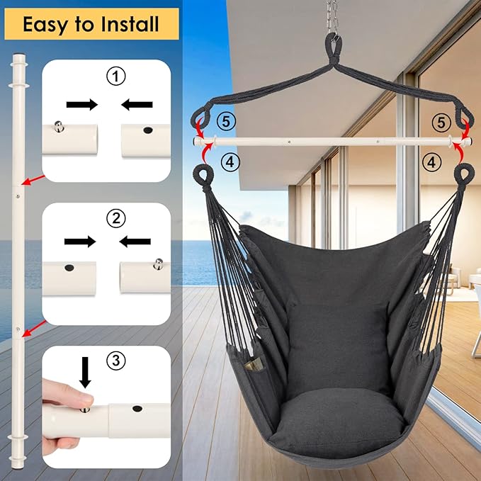 Y- STOP Hammock Chair Hanging Rope Swing Chair, Max 500 Lbs, 2 Seat Cushions - Image 5