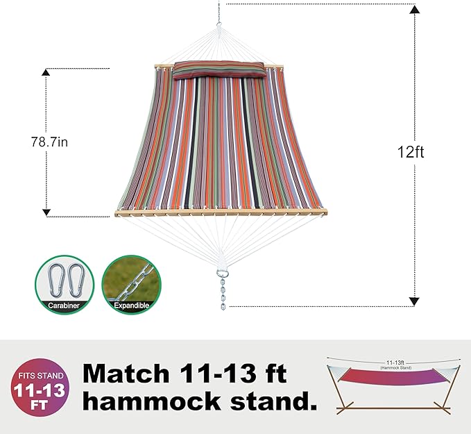 2 Person 12FT Hammocks for Outside, Double Quilted Fabric Outdoor Hammock - Image 7