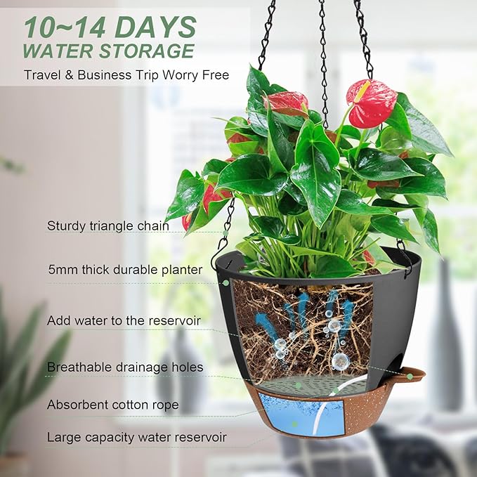 Hanging Planters for Indoor Outdoor Plants, 1 Set Self Watering Hanging Pot - Image 2