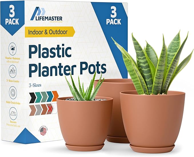 Terracotta Plant Pots with Drainage Holes & Saucers 3 Pack, Indoor & Outdoor by LIFEMASTER