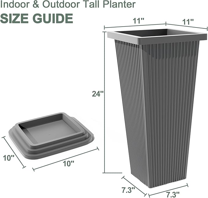 Set of 2 Tall Planters with Drainage Tray, 24 Inch Large Flower Pots - Image 2