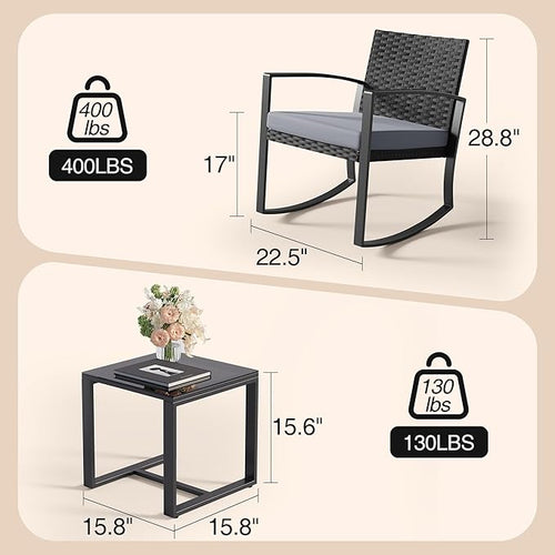 3 Pieces Outdoor Patio Furniture Set Rocking Bistro Set Outdoor Rattan - Image 2