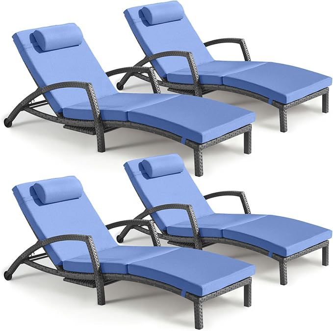Chaise Lounge Chairs Outdoor Set of 4, Comfy Outside Wicker Patio Pool Lounge by ZZWHOM