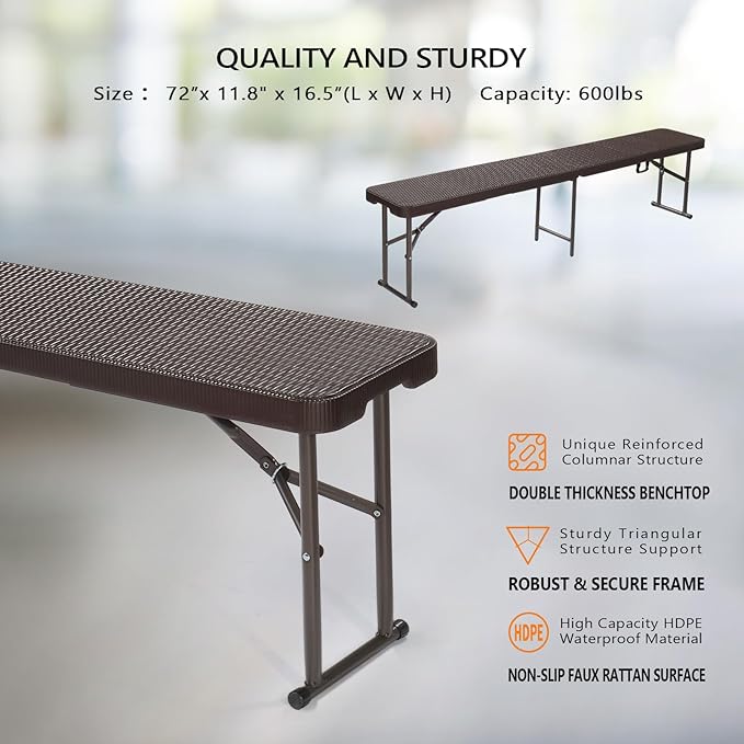 VINGLI 6 feet Plastic Folding Bench, Portable in/Outdoor Picnic Party Camping - Image 3
