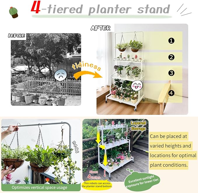 lumizone Foldable 4-Tier Plant Stand Indoor Outdoor Hanging Plant Shelf No - Image 4