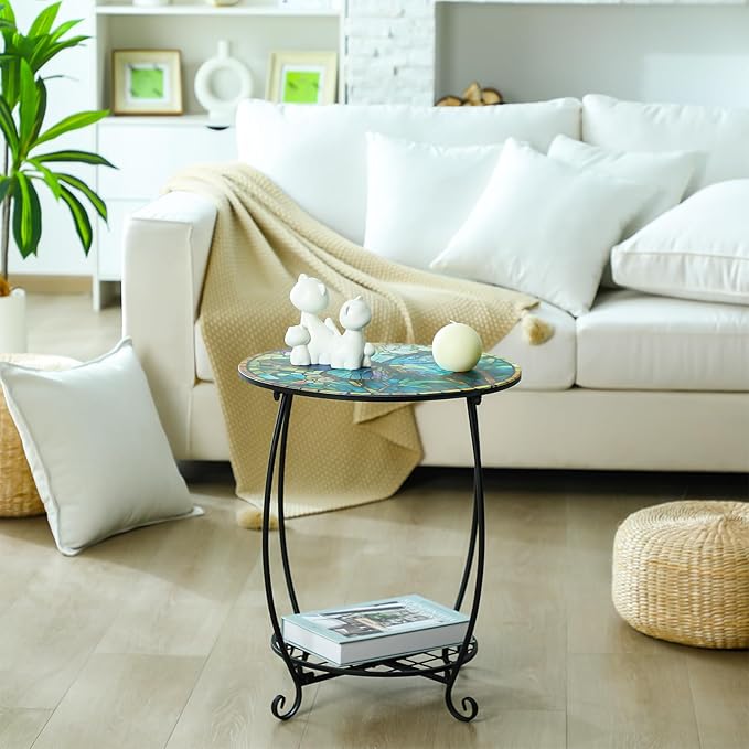 Outdoor Side Table Round Small Mosaic Patio Accent Indoor End Plant Coffee Tea - Image 6