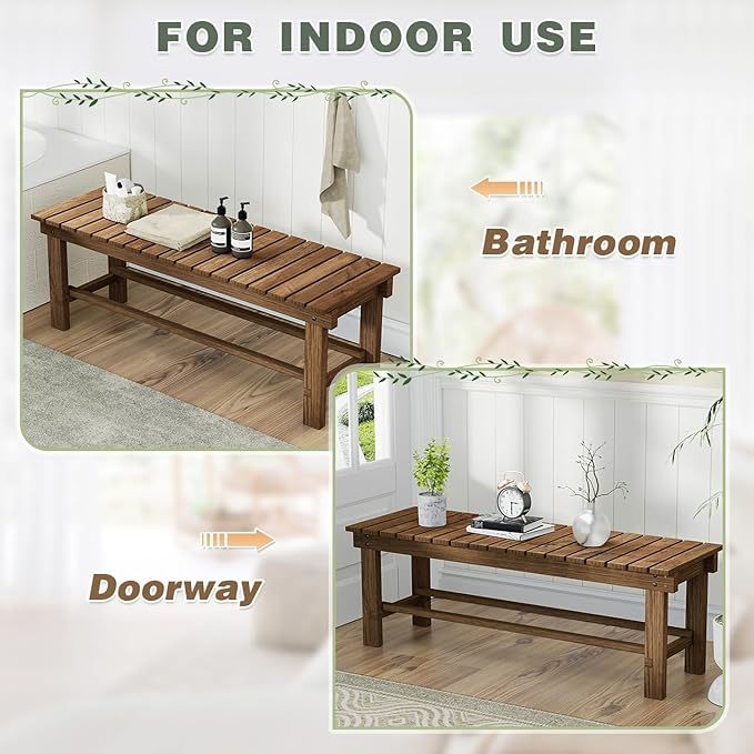 Outdoor Garden Bench, 2-Person Wood Patio Bench Weatherproof Outdoor Backless - Image 7