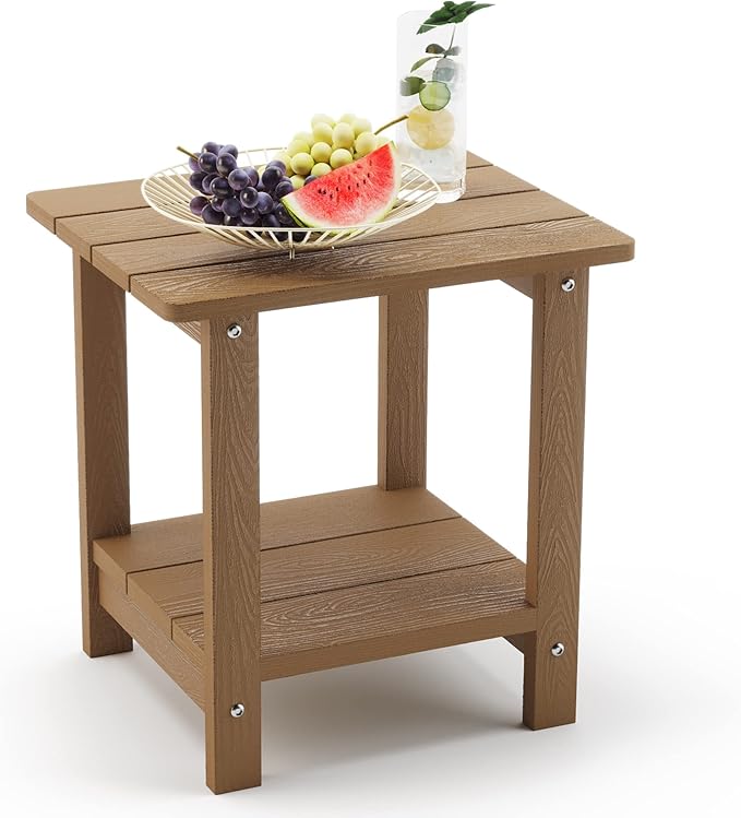 LUE BONA Adirondack Outdoor Side Table, 2-Tier Brown HDPS Patio End Table by LUEBONA