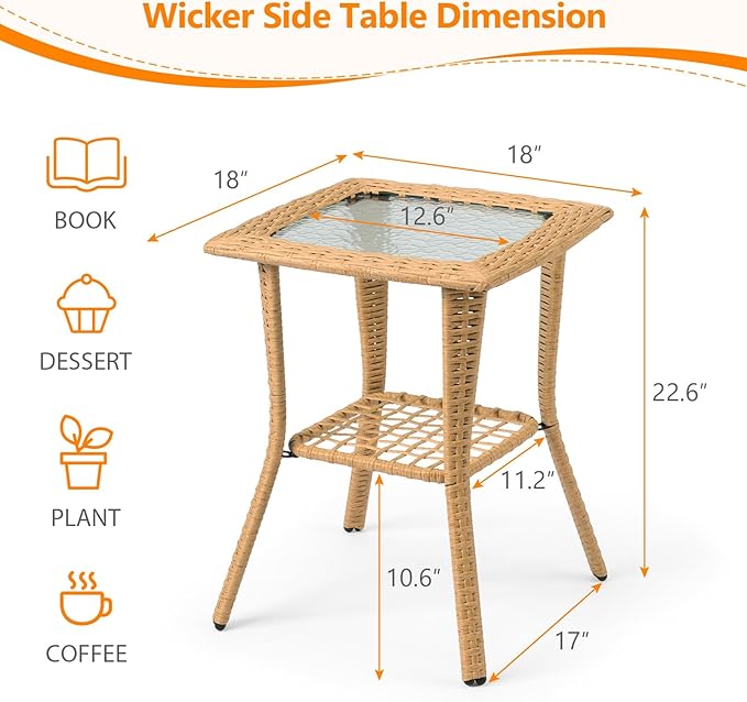 VINGLI Outdoor Side Table with Storage Wicker Patio Side Table, Tempered Glass - Image 3