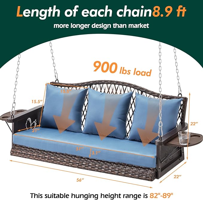Upgraded Wicker Hanging Porch Swing Heavy Duty 900 LBS 3-Seat Outdoor Patio - Image 7