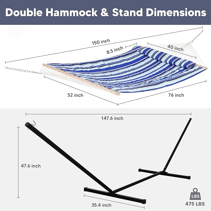 SUNCREAT Double Hammock with Stand, Two Person Cotton Rope Hammock - Image 5