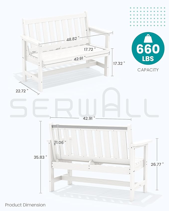 SERWALL Outdoor Bench, HDPE Outdoor Benches Weatherproof, 2-Person Garden Bench - Image 3