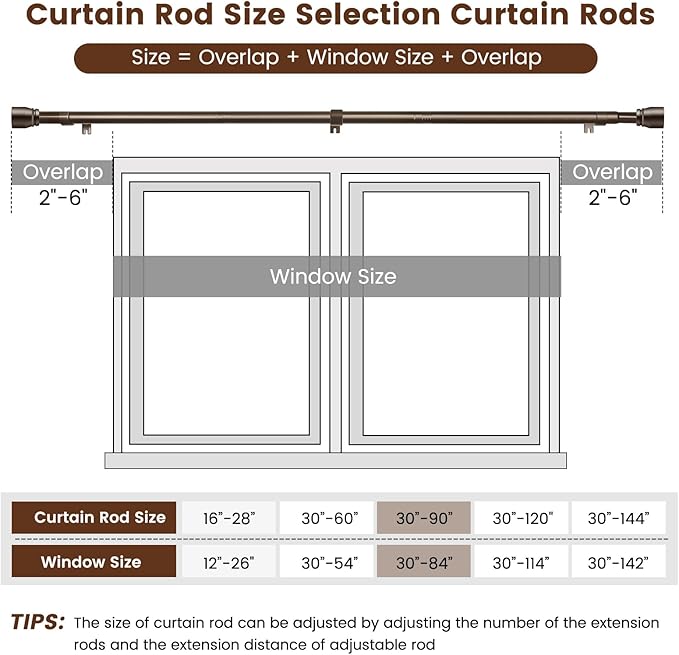 1” Diameter brown curtain rod Itself is 30 to 90 inch. 1 Pack Fits 30-84 inch - Image 3