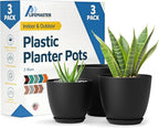 Black Plant Pots with Drainage Holes & Saucers 3 Pack, Indoor & Outdoor by LIFEMASTER