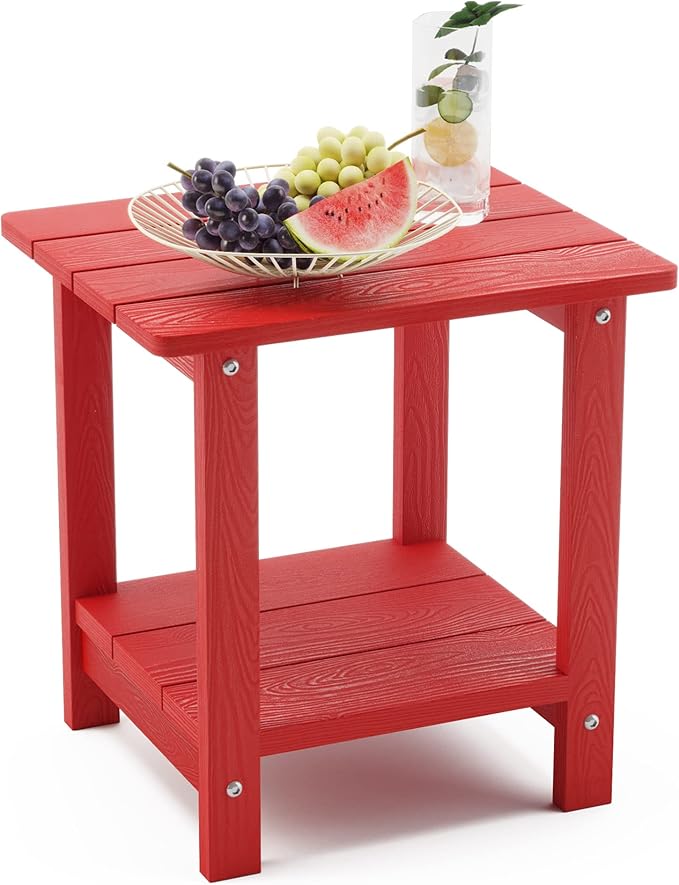 LUE BONA Adirondack Outdoor Side Table, 2-Tier Bright Red HDPS Patio End Table by LUEBONA