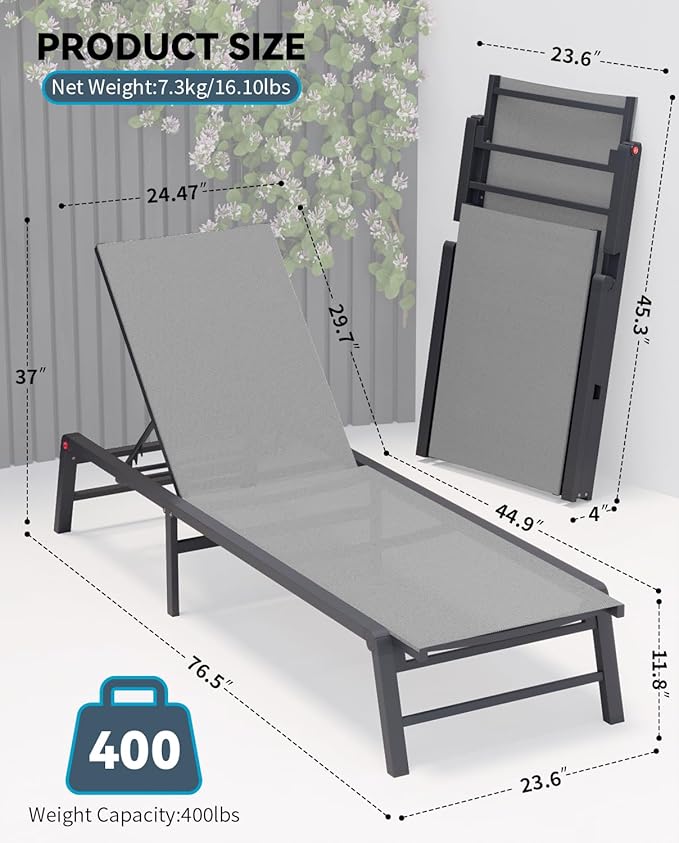 Aluminum Chaise Lounge Chair Outdoor, Foldable Patio Lounge Chair 2 Sets - Image 3