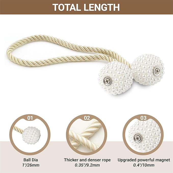 Hion Magnetic Curtain Tiebacks Beige 6 Pack, Curtain Tiebacks Buckles Holdbacks - Image 2