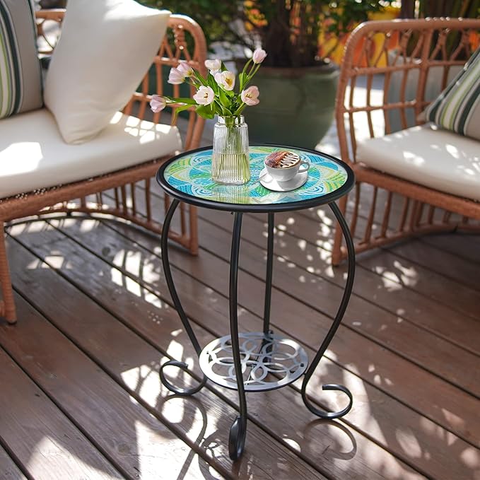 LIFFY Mosaic Outdoor Side Table, Mosaic Plant Stand, End Table W/Storage Shelf - Image 7