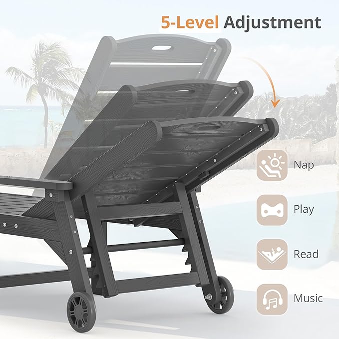 LUE BONA Outdoor Chaise Lounge, HDPS Chaise Lounger, 5 Positions Adjustable - Image 6