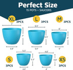Blue Plant Pots with Drainage Holes & Saucers 15 Pack, Indoor & Outdoor - Image 2