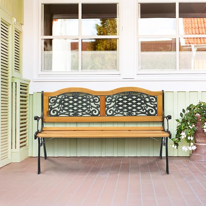 VINGLI Classic Cast Iron & Teak Arched Back Rectangular Outdoor Bench, 470 lbs - Image 2