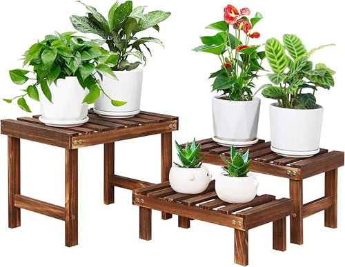 3 Tiered Small Plant Stands Shelf Indoor Outdoor, Wood Flower Pot Stand Holders by COOGOU