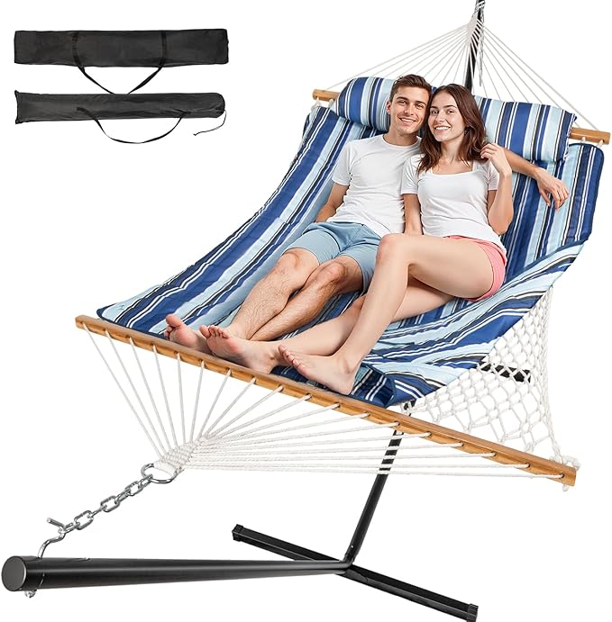 2 Person Outdoor Hammock with Stand, Cotton Rope Hammock with Polyester Pad by Unknown