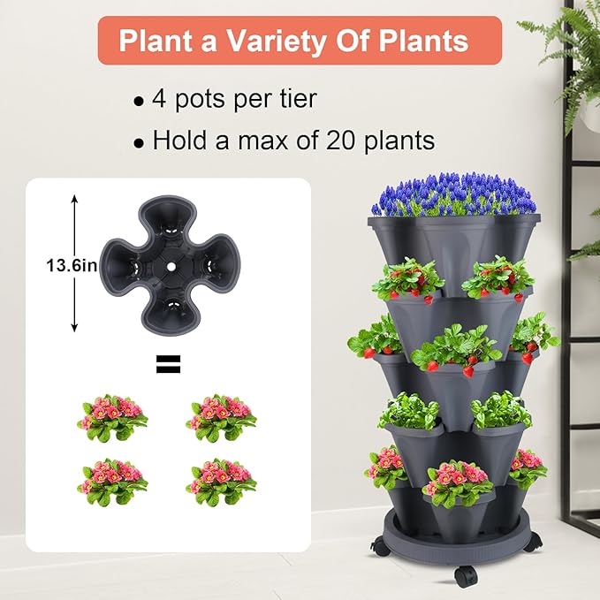 DUNCHATY Stackable Planter, Dark Gray, 5-Tier Garden Tower - Image 3